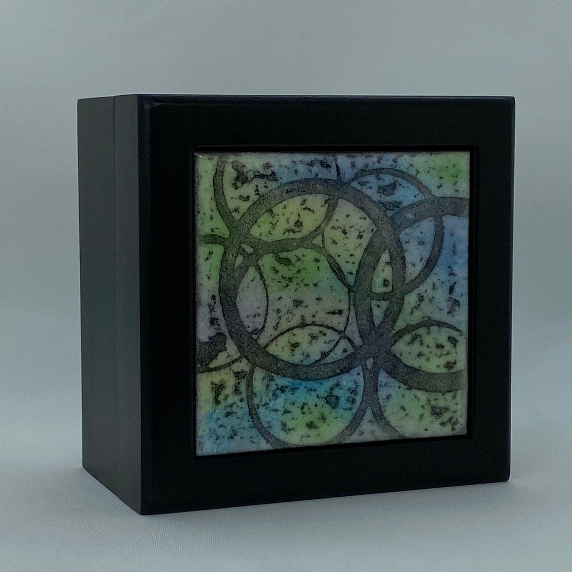 Camille Patton Circles Dark Vitreous Enamel Inlay in lid of wooden box