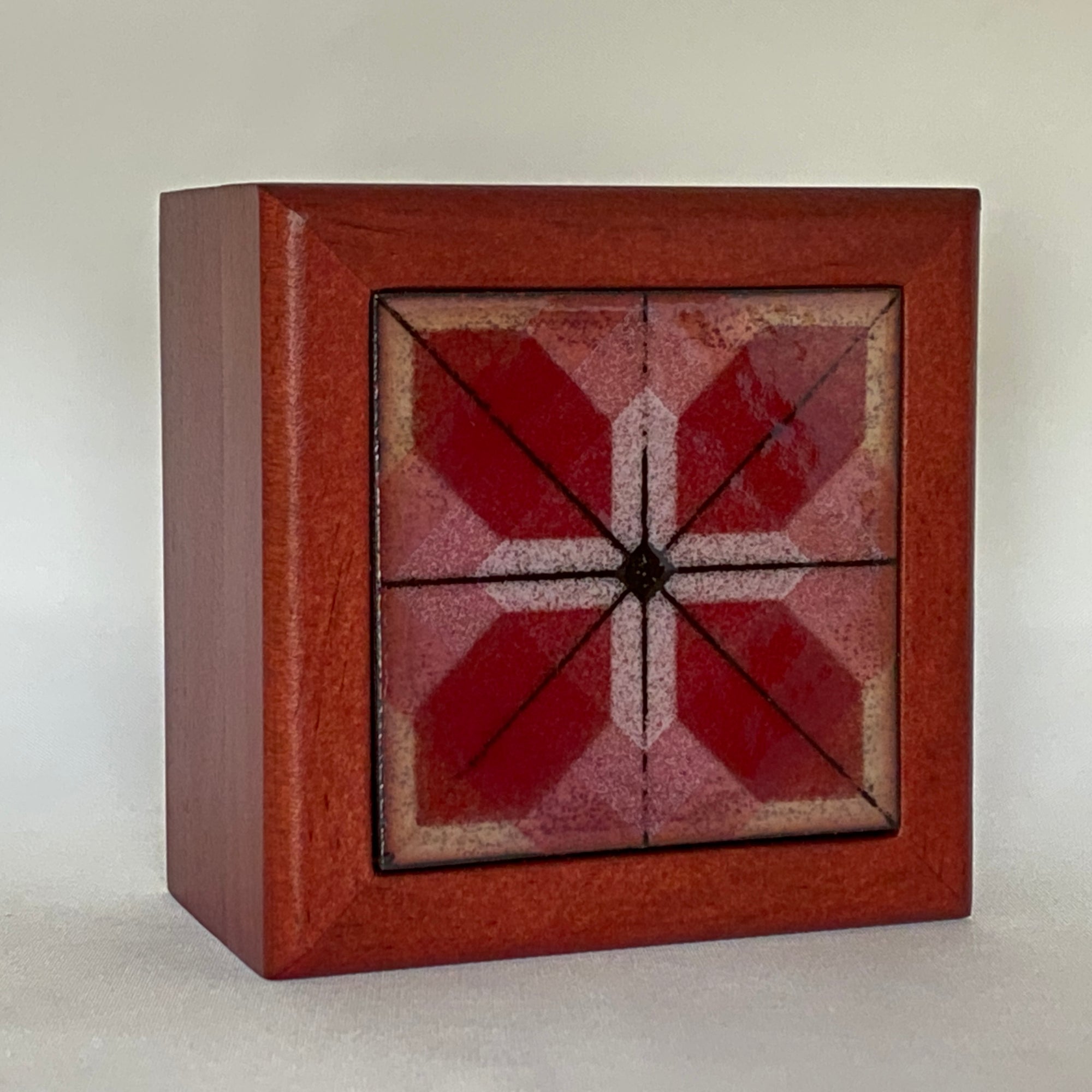 Camille Patton Geometric Pattern Vitreous Enamel Inlay in lid of wooden box