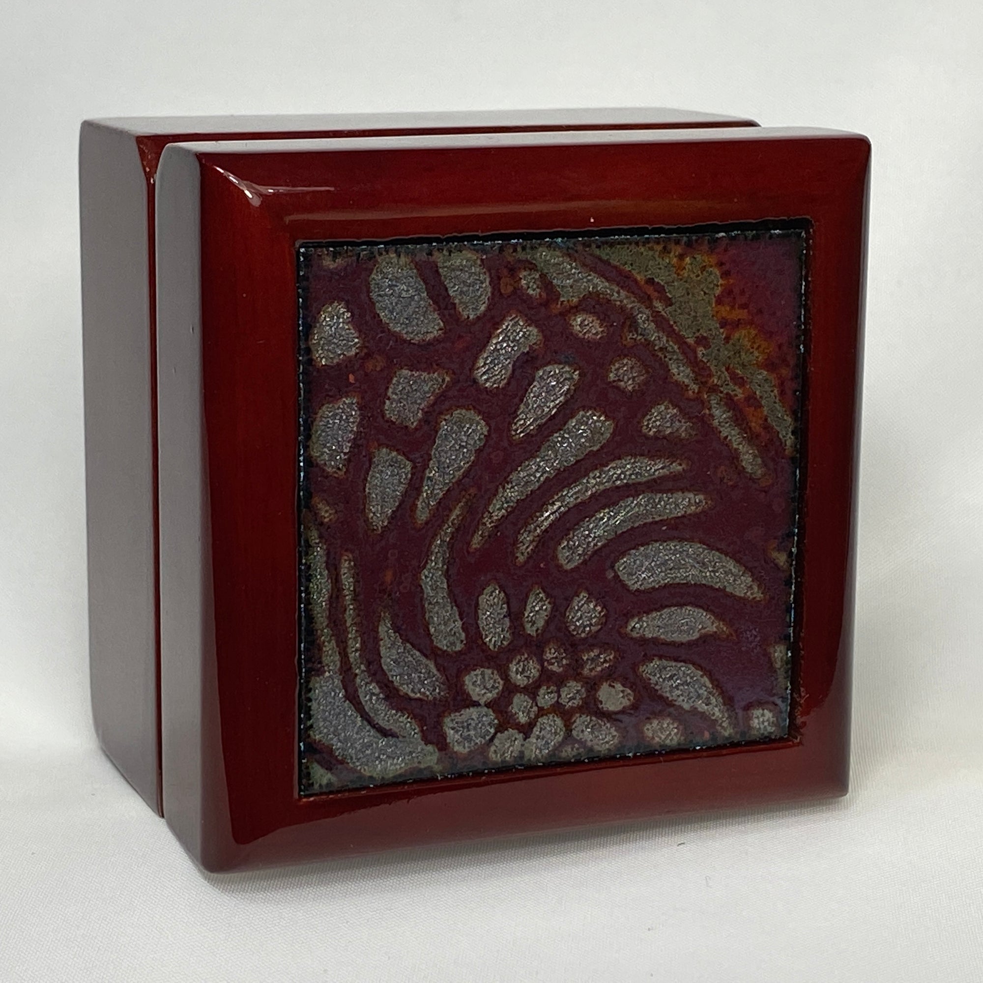 Camille Patton Opalescent Flower Ring Box Vitreous Enamel Inlay in lid of wooden box