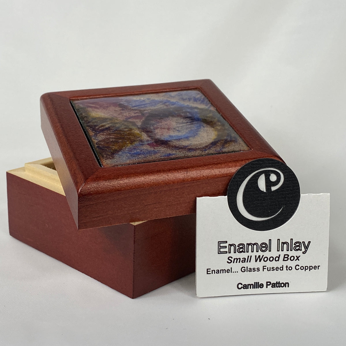 Camille Patton Abstract Circle Vitreous Enamel Inlay in lid of wooden box