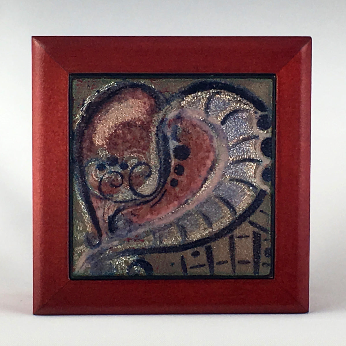 Camille Patton Abstract Heart Vitreous Enamel Inlay in lid of wooden box