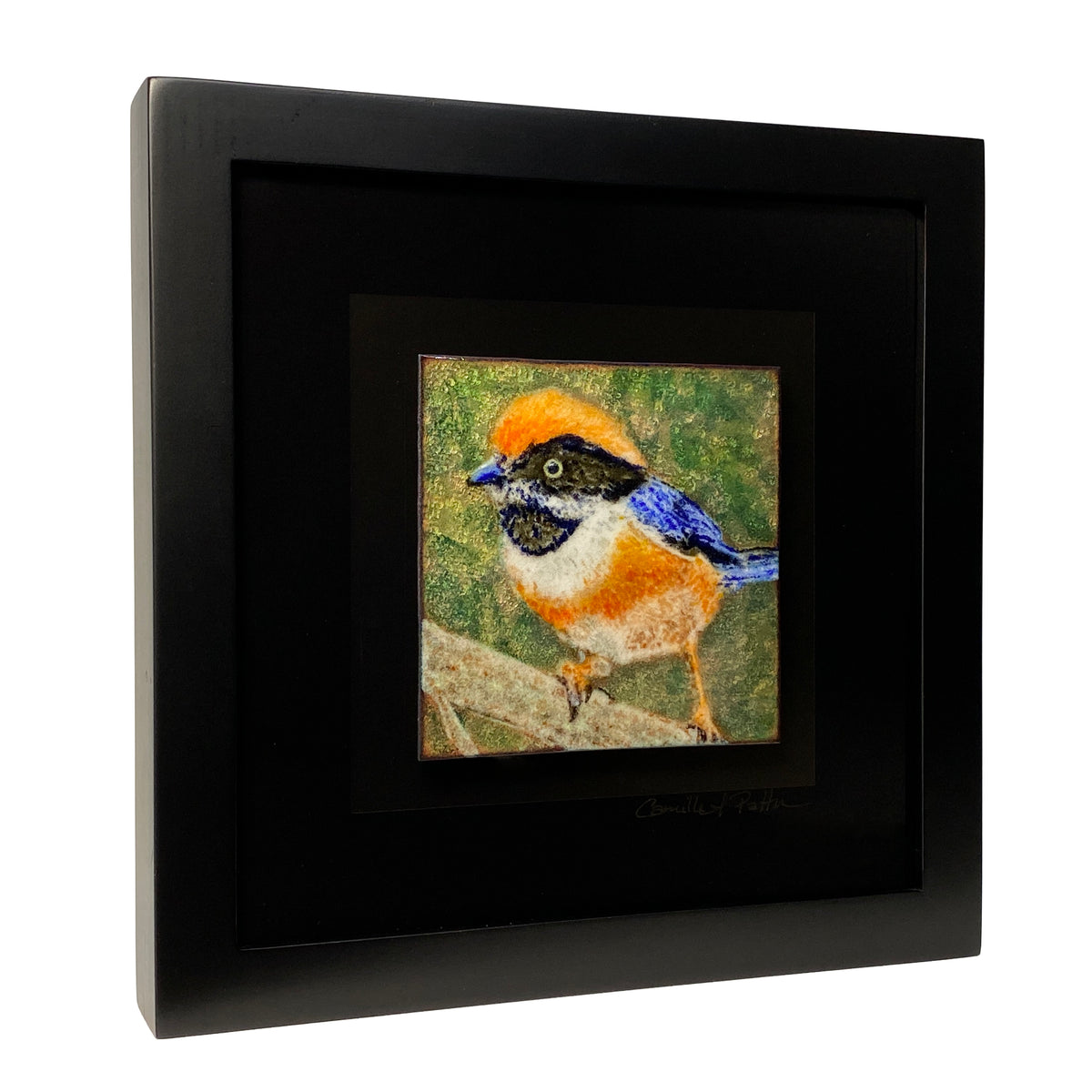 Camille Patton Black Throated Tit from the Exotic Bird Series Vitreous Enamel Framed Wall Art