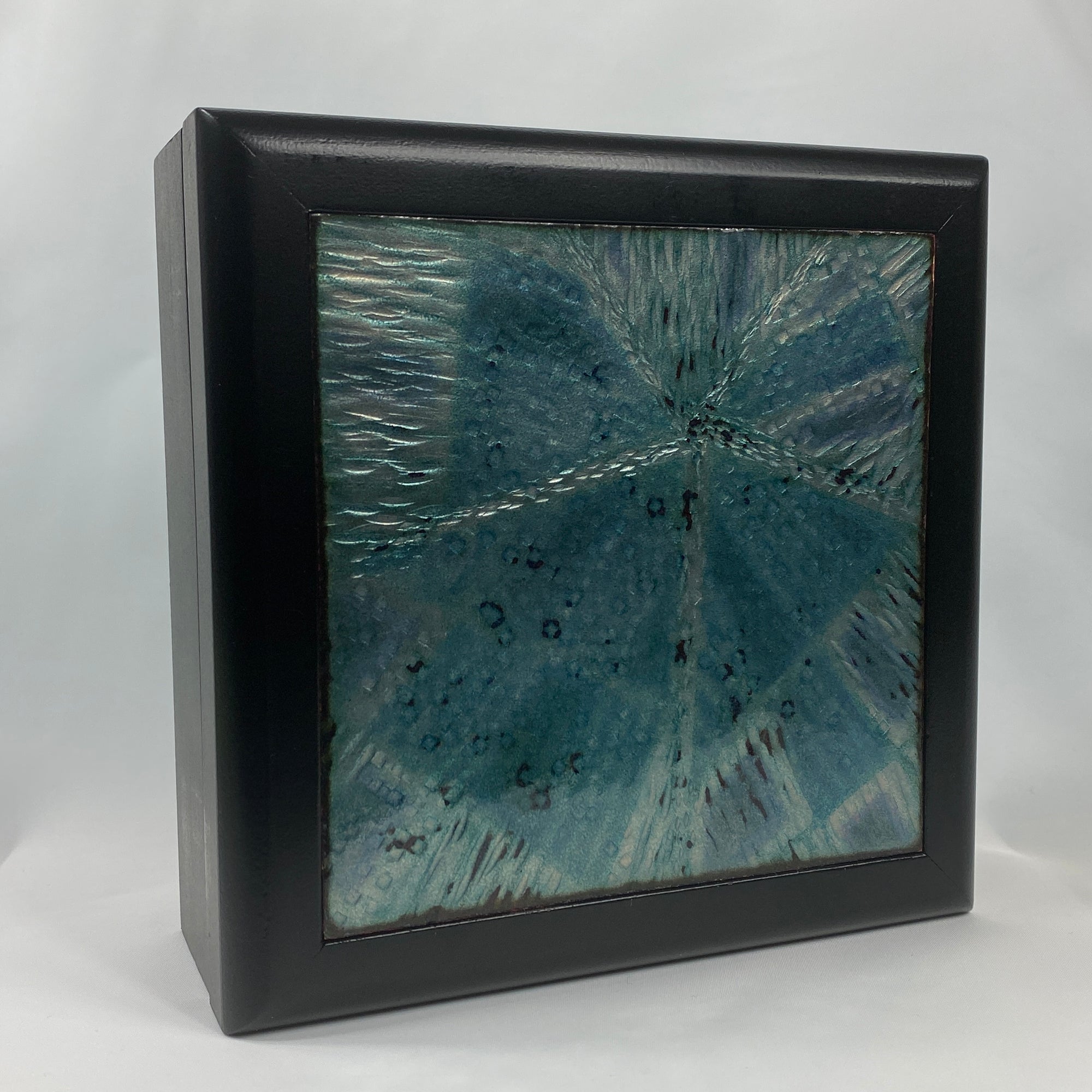 Camille Patton Blue Star Rising Vitreous Enamel Inlay in lid of wooden box