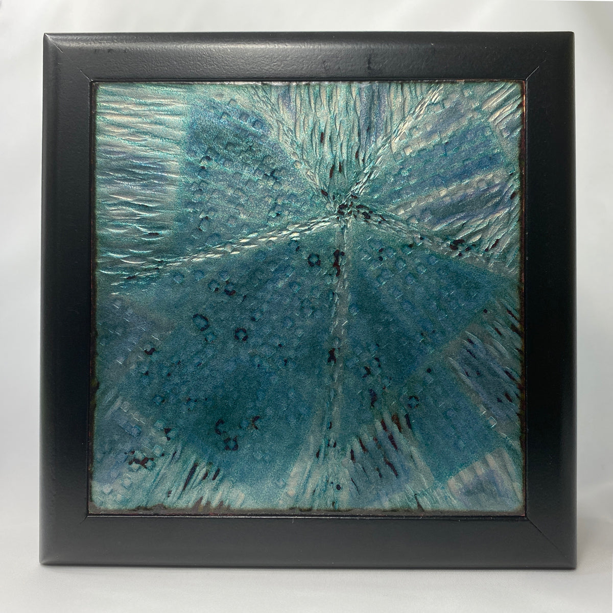 Camille Patton Blue Star Rising Vitreous Enamel Inlay in lid of wooden box
