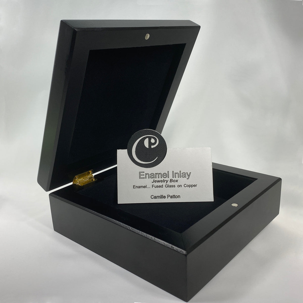 Camille Patton Blue Star Rising Vitreous Enamel Inlay in lid of wooden box