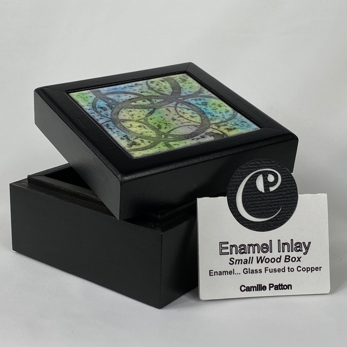 Camille Patton Circles Dark Vitreous Enamel Inlay in lid of wooden box