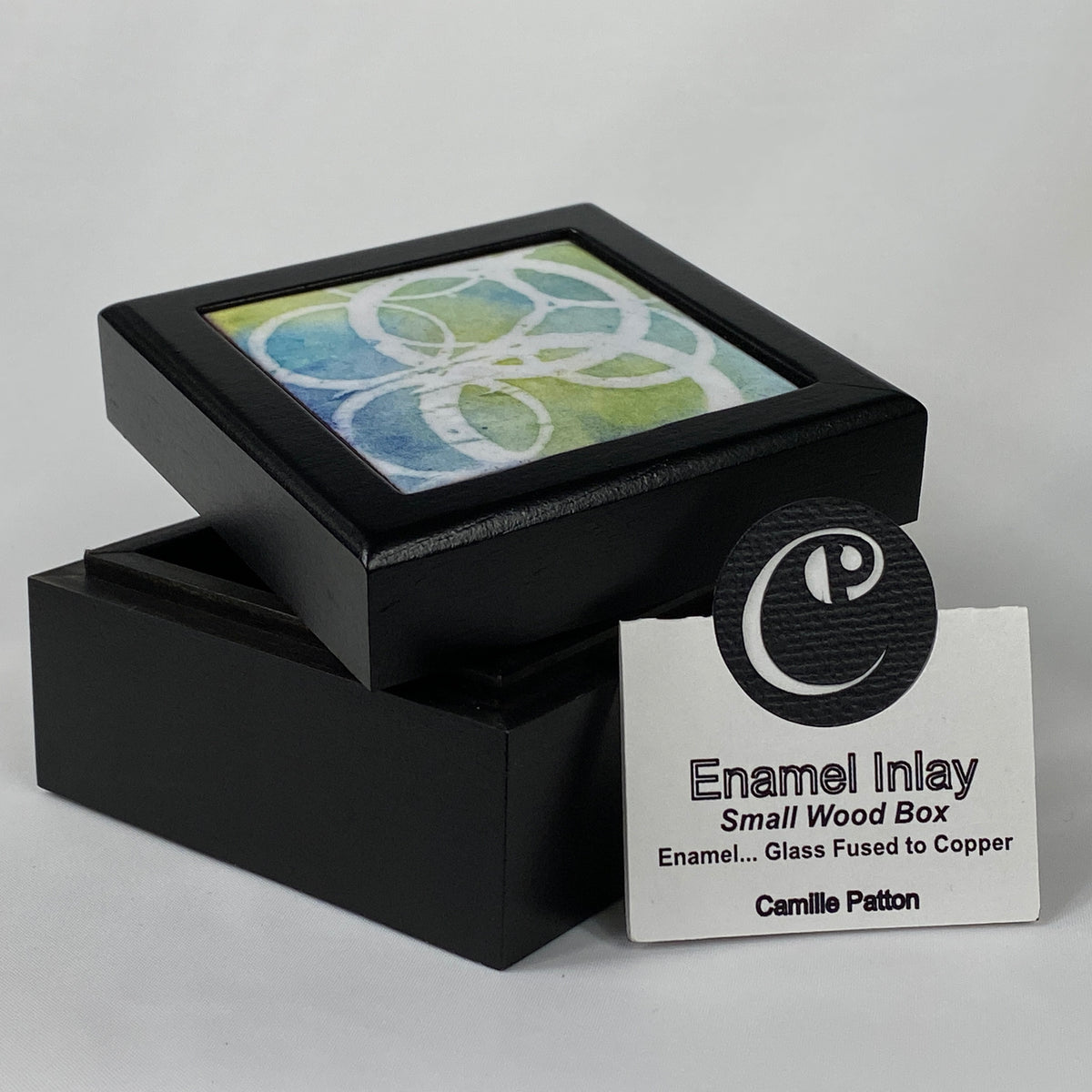 Camille Patton Circles Light Vitreous Enamel Inlay in lid of wooden box