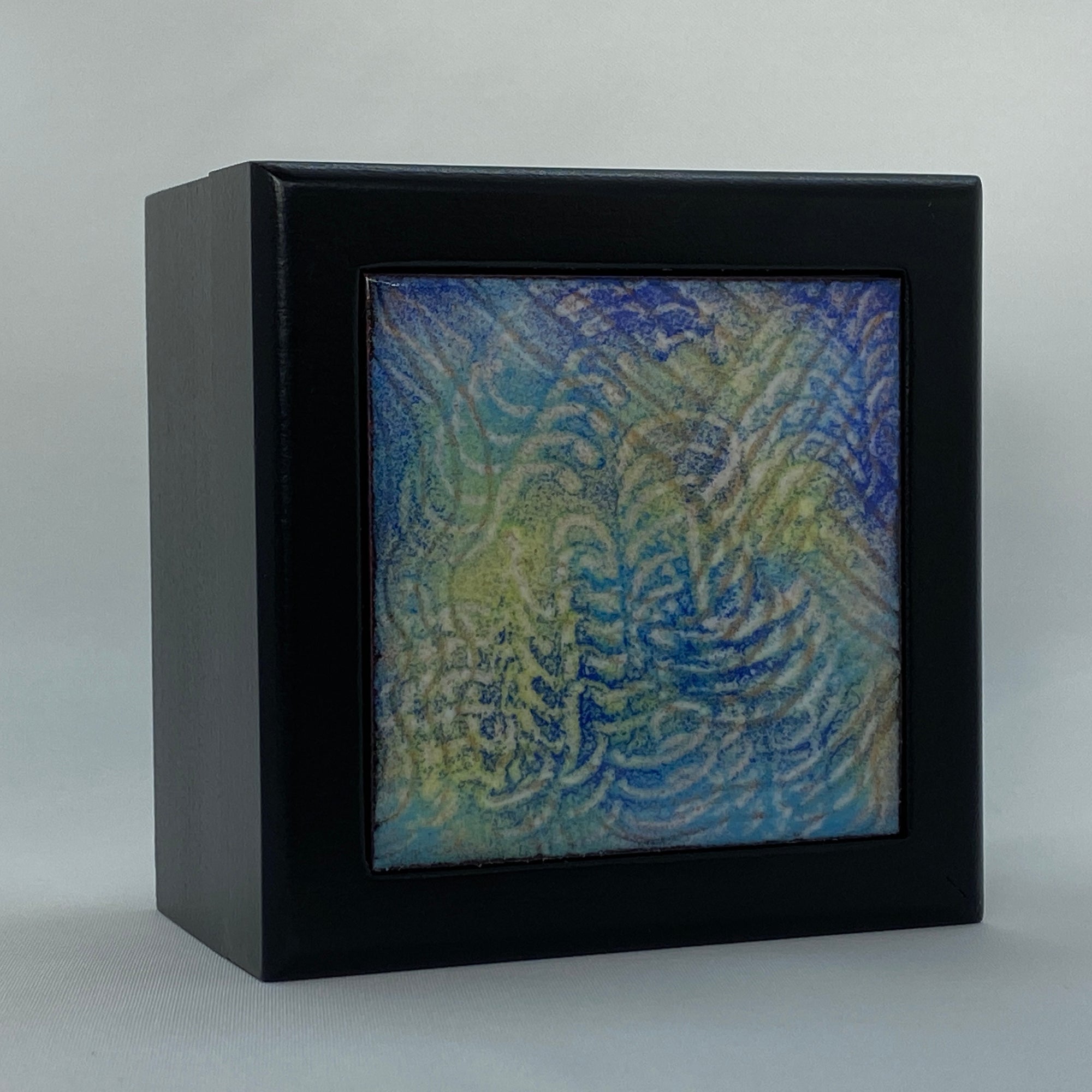 Camille Patton Colorful Vibrations Vitreous Enamel Inlay in lid of wooden box