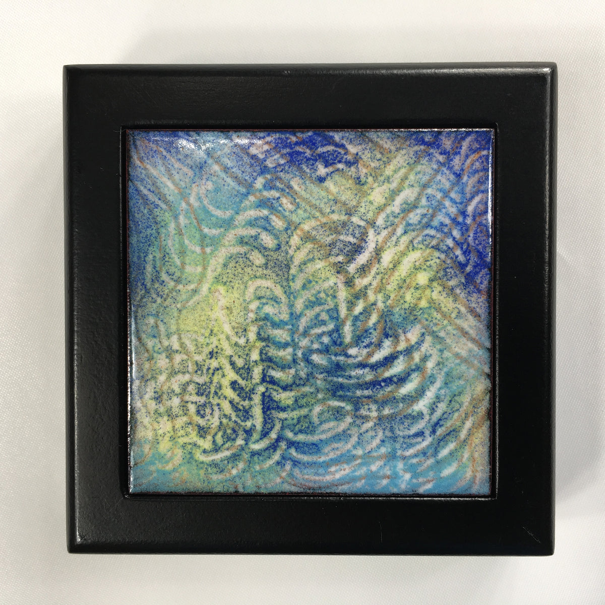 Camille Patton Colorful Vibrations Vitreous Enamel Inlay in lid of wooden box