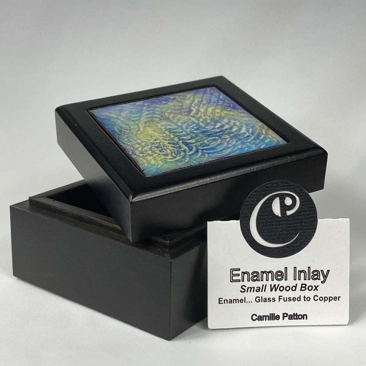 Camille Patton Colorful Vibrations Vitreous Enamel Inlay in lid of wooden box
