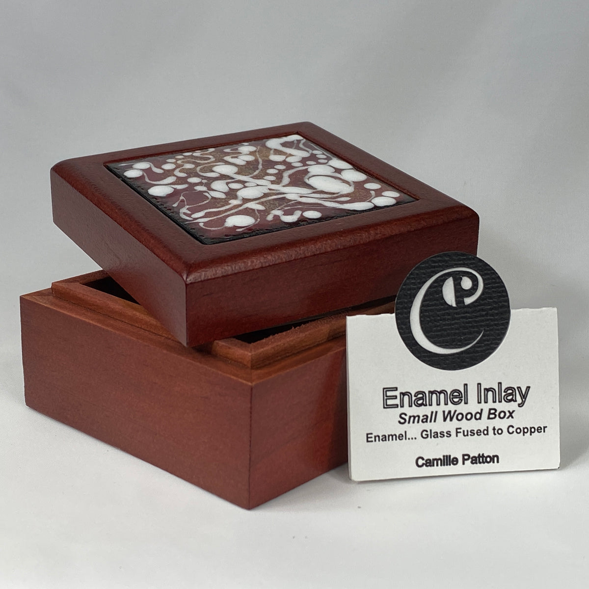 Camille Patton Hear the Music Vitreous Enamel Inlay in lid of wooden box