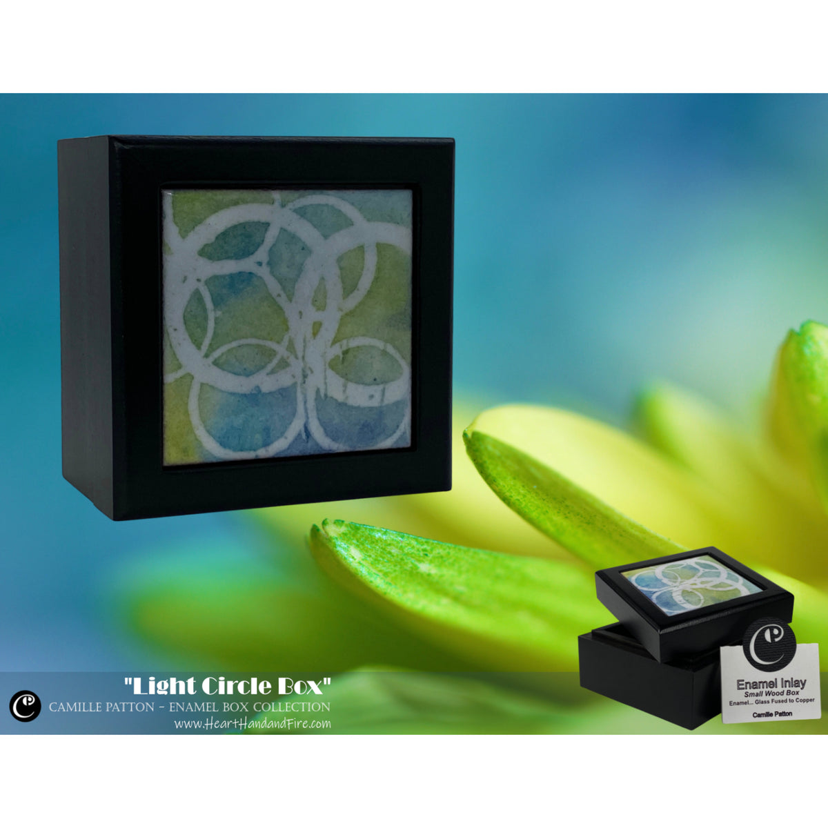 Camille Patton Light Circle Box Vitreous Enamel Inlay in lid of wooden box