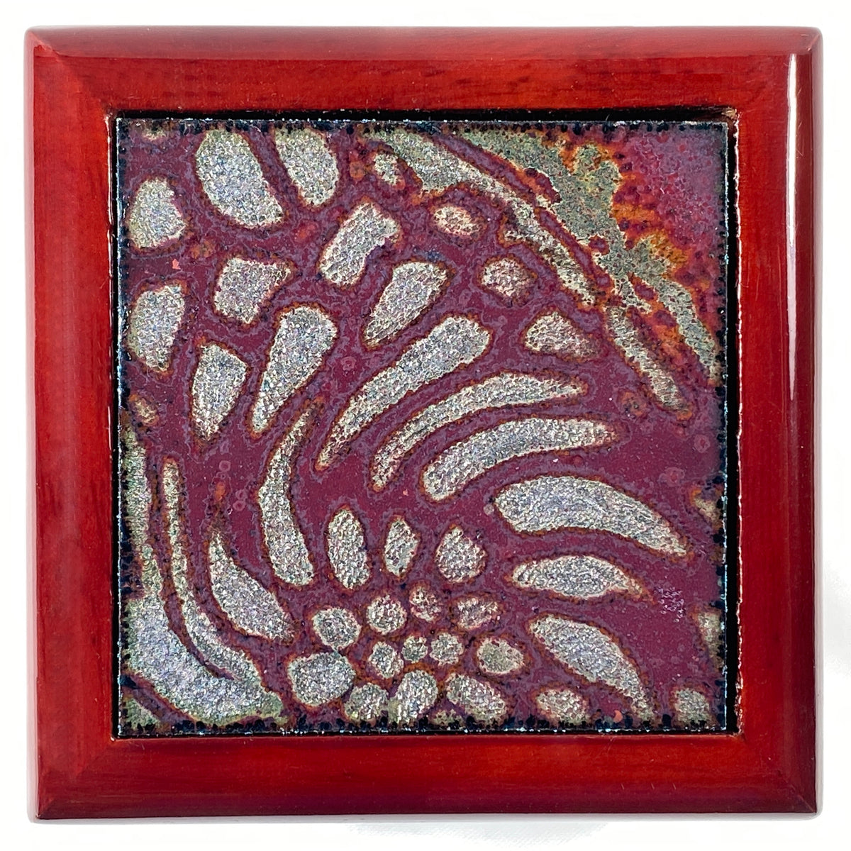 Camille Patton Opalescent Flower Ring Box Vitreous Enamel Inlay in lid of wooden box