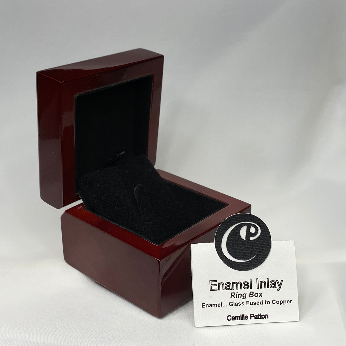 Camille Patton Opalescent Flower Ring Box Vitreous Enamel Inlay in lid of wooden box