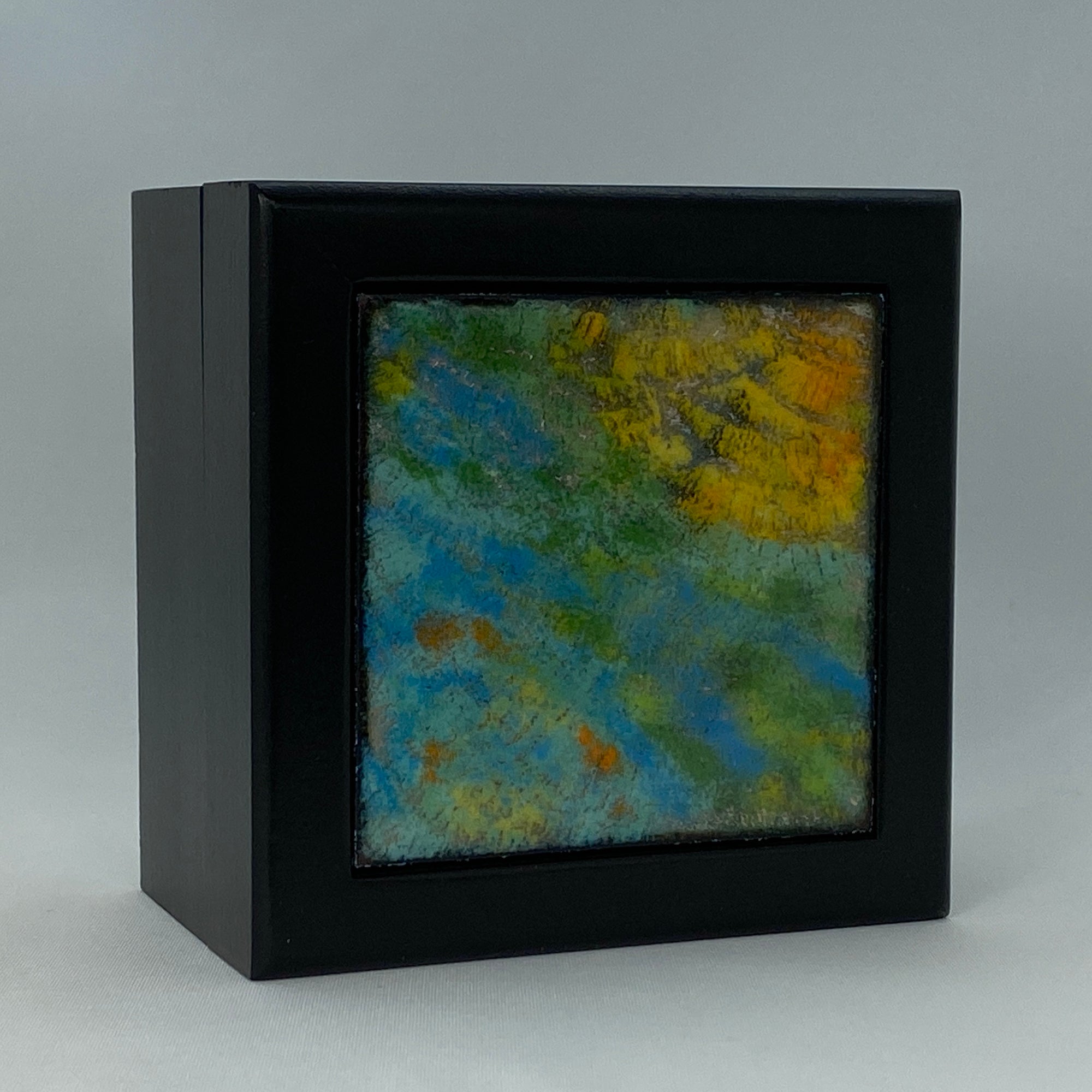 Camille Patton Sunrise at the Lake Vitreous Enamel Inlay in lid of wooden box