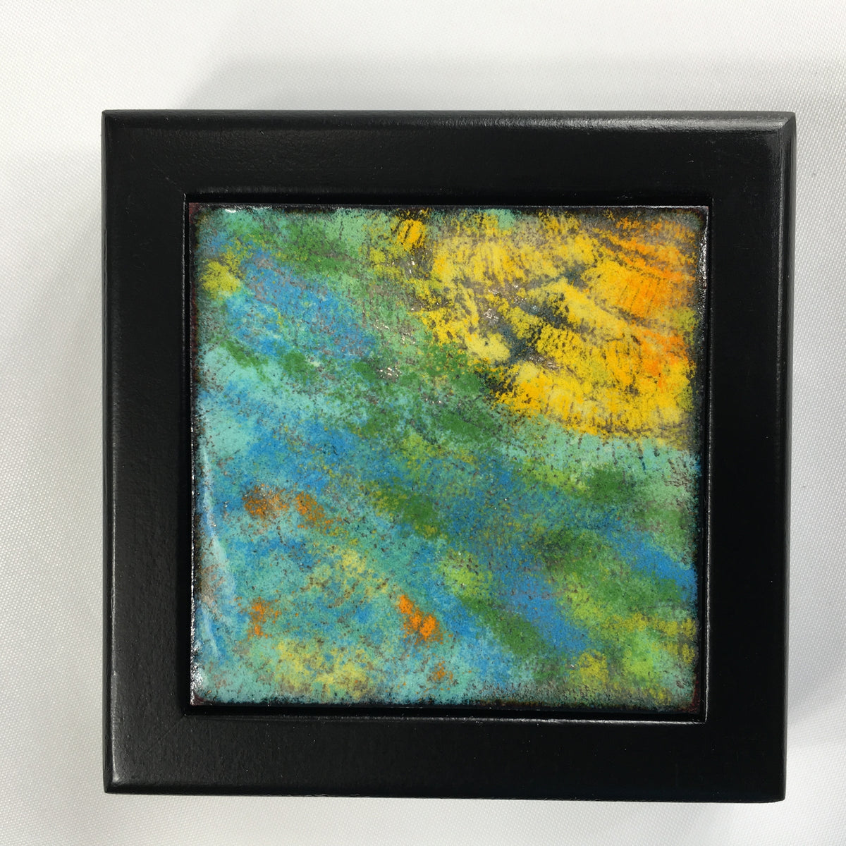 Camille Patton Sunrise at the Lake Vitreous Enamel Inlay in lid of wooden box