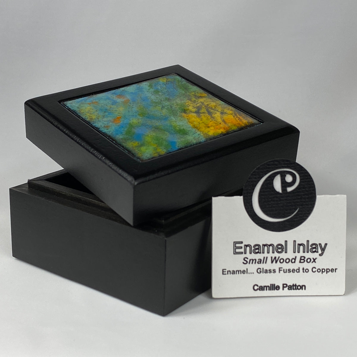 Camille Patton Sunrise at the Lake Vitreous Enamel Inlay in lid of wooden box