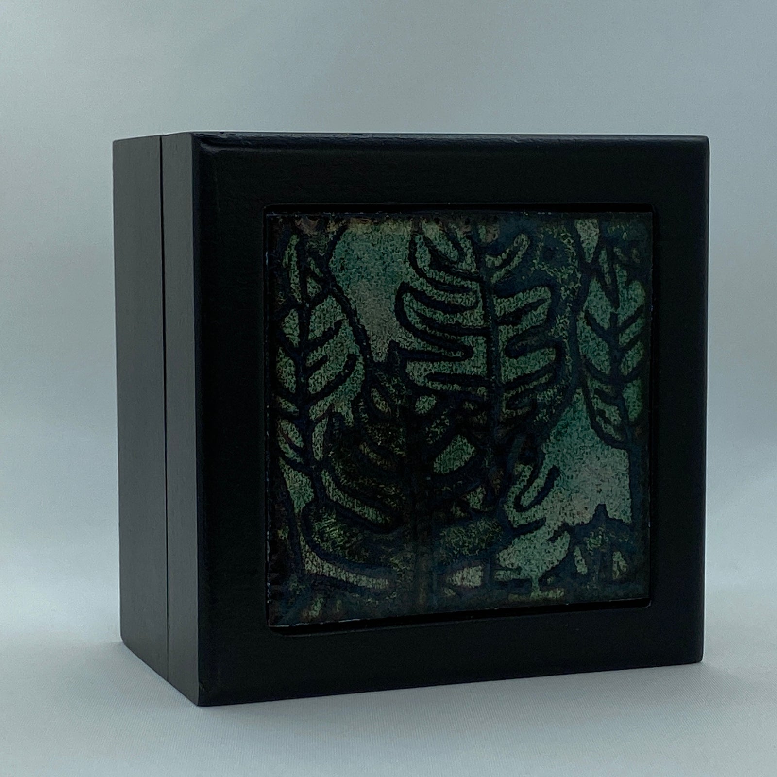 Camille Patton The Dark Oak Vitreous Enamel Inlay in lid of wooden box