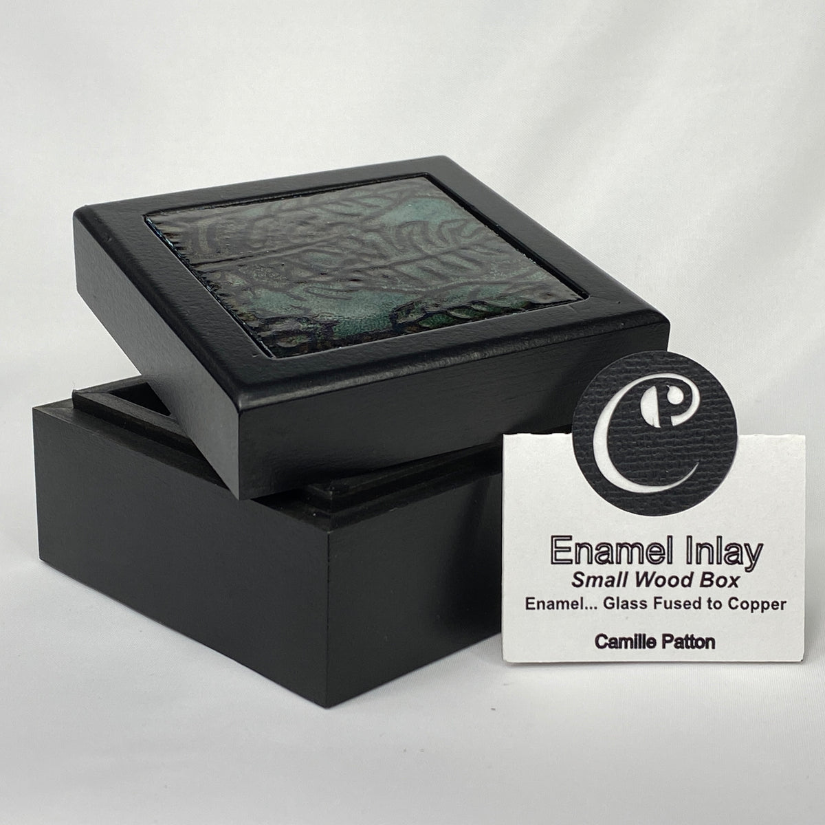 Camille Patton The Dark Oak Vitreous Enamel Inlay in lid of wooden box